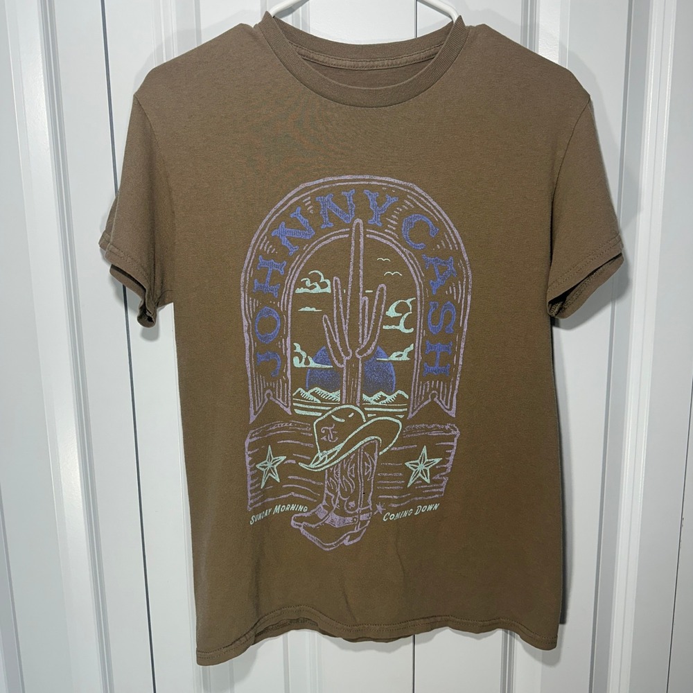 Johnny Cash Graphic T-Shirt Mens Small Brown Sunday Morning Coming Down Cactus